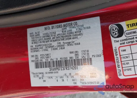 2007 Ford Fusion Se из США, поврежденный, VIN 3FAHP07Z37R274201